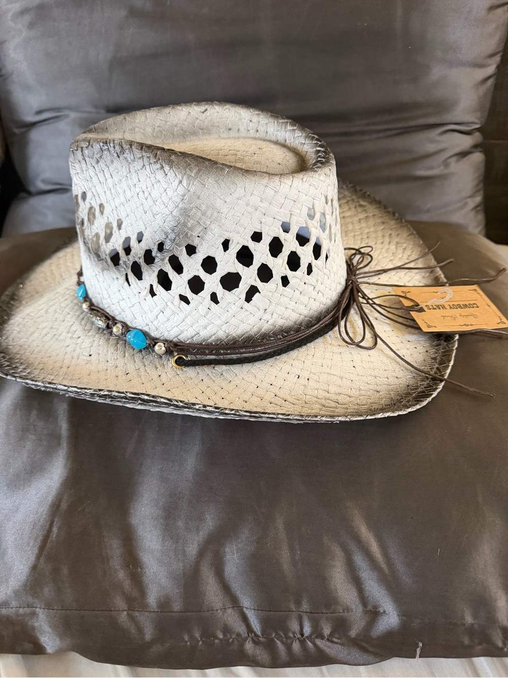 NWT Straw Cowboy Hat w/Turquoise Concho.  *sweatband 23”  (Boho, Western, Beach) - Picture 3 of 4